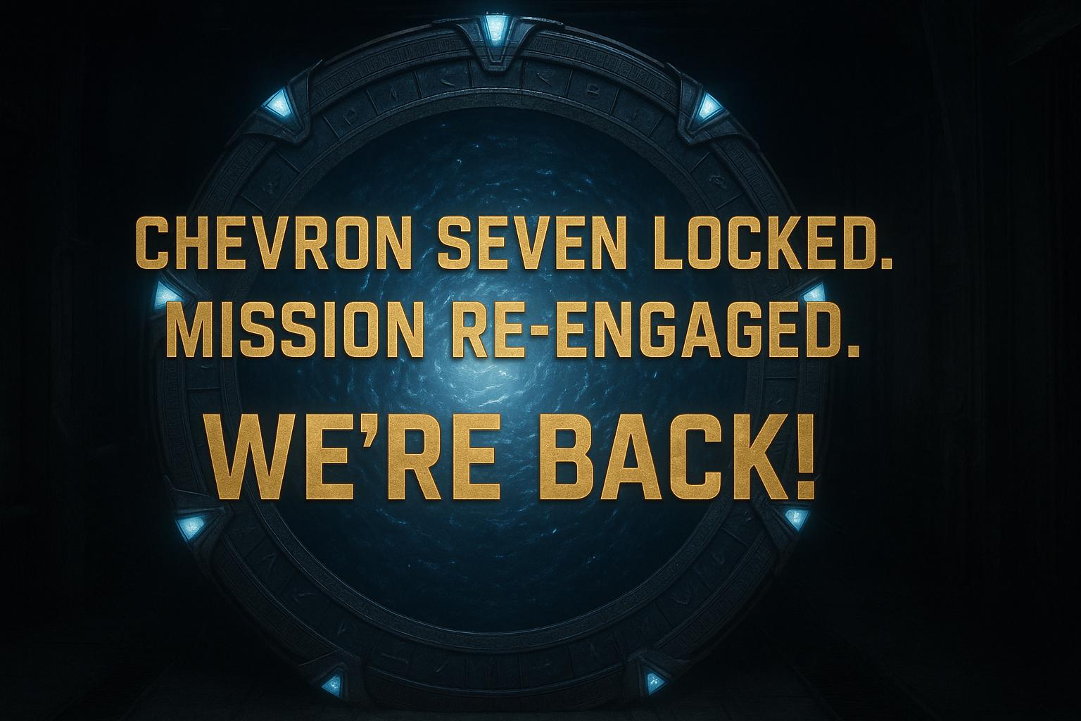 Stargate: Chevron seven locked. Mission re-engaged. WE'RE BACK!